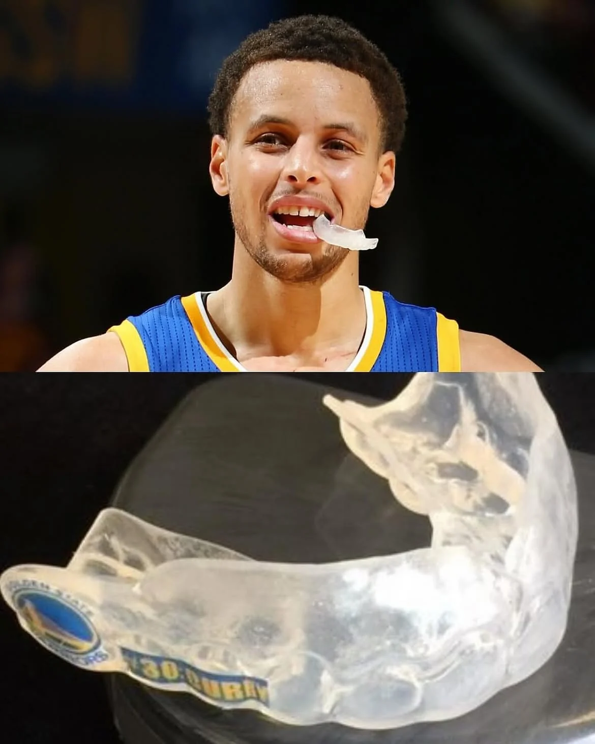 Close-up public basketball mouthguard wearing reference.