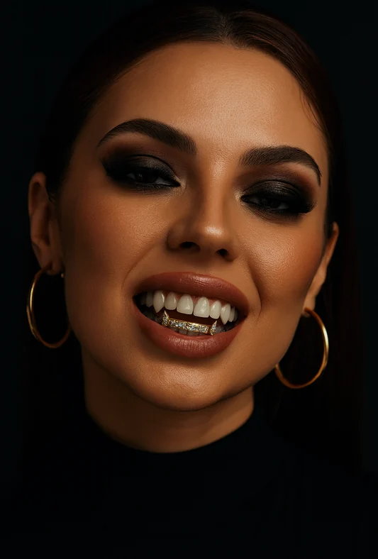Lifestyle reference wearing fang-style grillz.